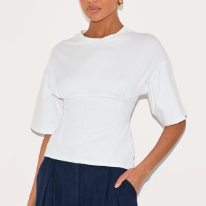 White Ruched Bust Detail Fitted T Shirt