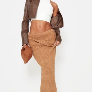 Mocha Soft Bobble Knit Foldover Maxi Skirt