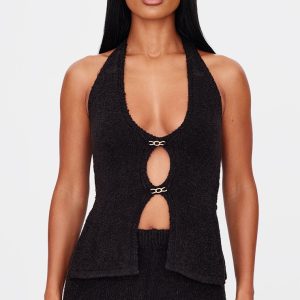 Black Soft Bobble Knit Gold Trim Waistcoat Top