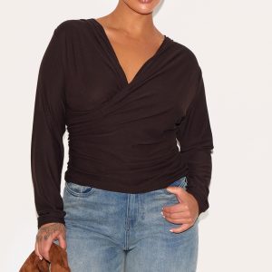 Plus Chocolate Soft Touch Ruched Long Sleeve Longline Top