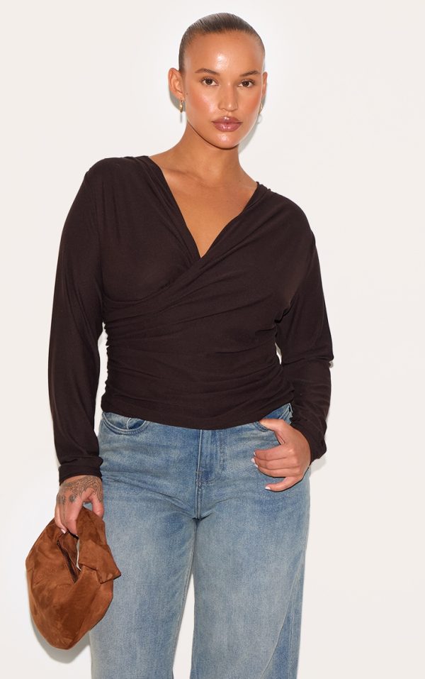 ffcf097f0d1134b2fa1b848e0dffa488326c65e4_CNM2638_1_plus_chocolate_soft_touch_ruched_long_sleeve_longline_top